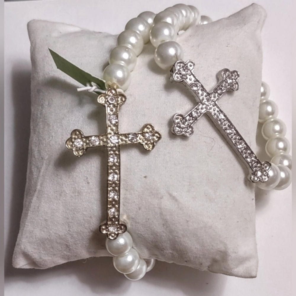 Pearl Bead Crystal Cross Bracelet